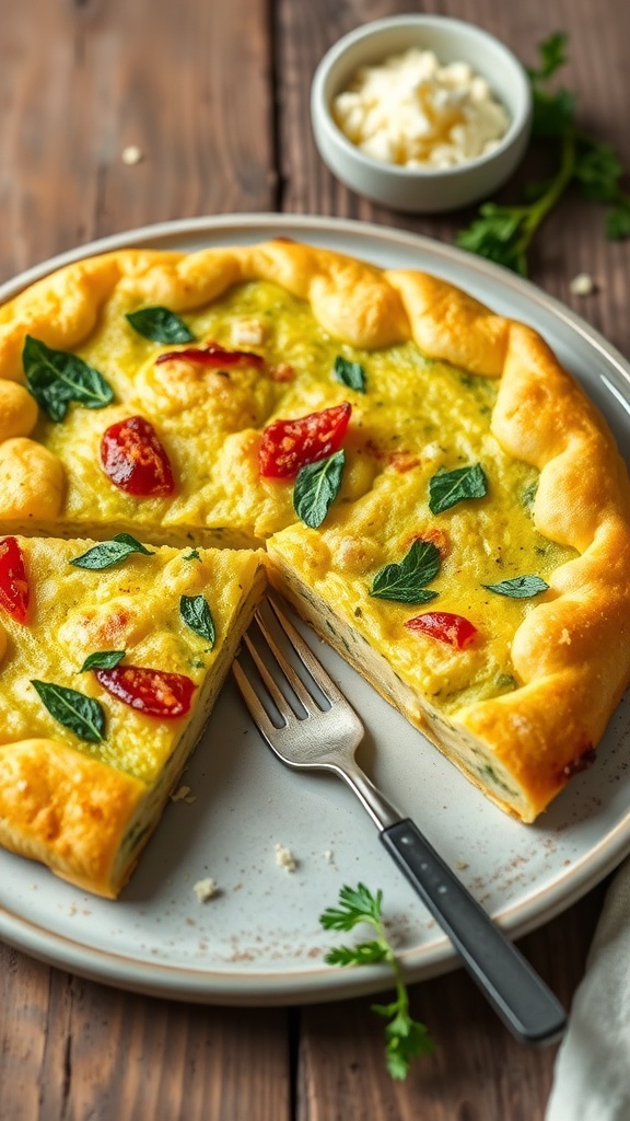 A golden Italian squash tortilla cut into wedges, garnished with herbs, on a rustic wooden table with cheese.